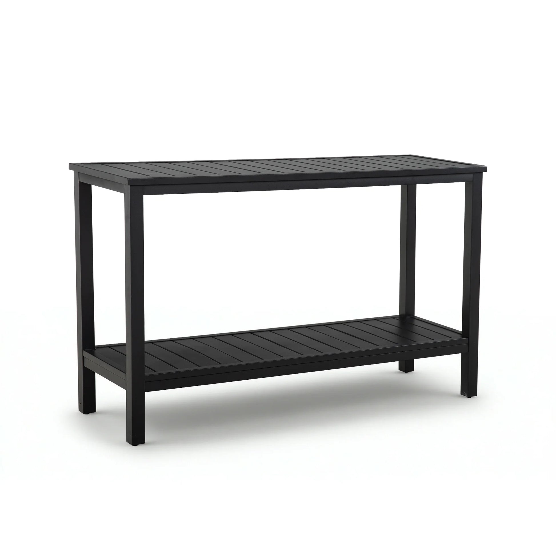 Studio product shot of the Saporta 2-tier matte black outdoor buffet bar table with a slatted design isolated on a clean white background.