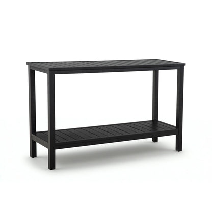 Studio product shot of the Saporta 2-tier matte black outdoor buffet bar table with a slatted design isolated on a clean white background.
