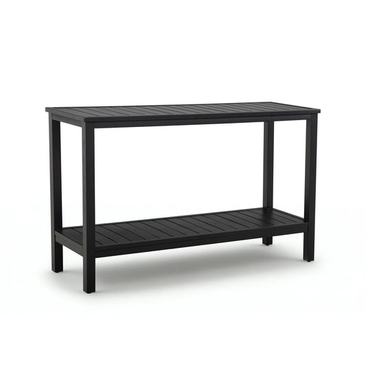 Studio product shot of the Saporta 2-tier matte black outdoor buffet bar table with a slatted design isolated on a clean white background.