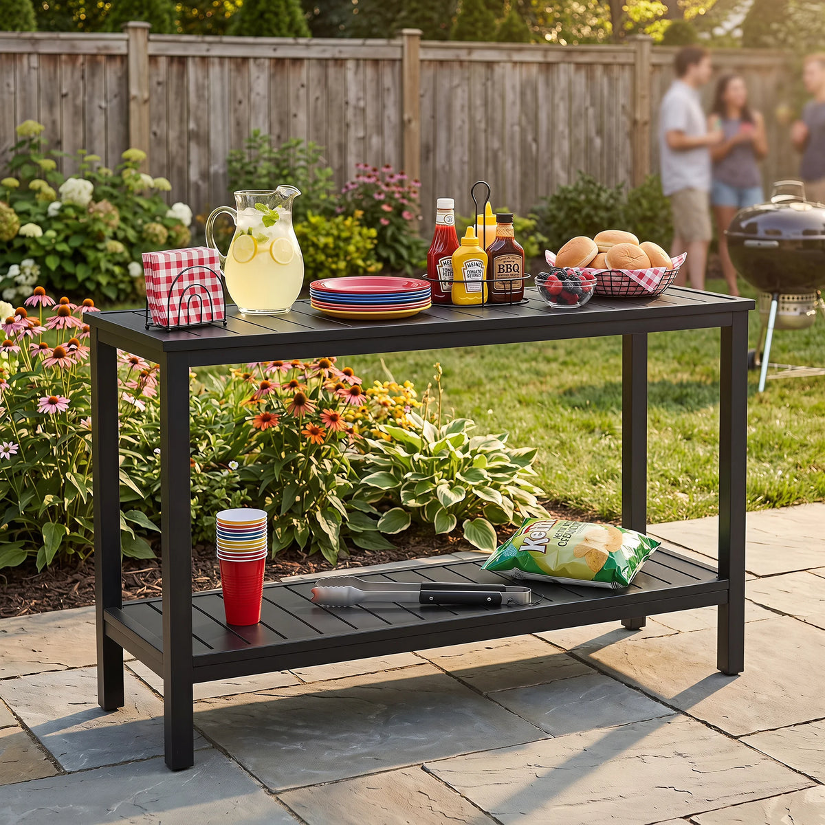 Two‑tier black aluminum patio console server table, weather‑resistant for outdoor deck poolside storage