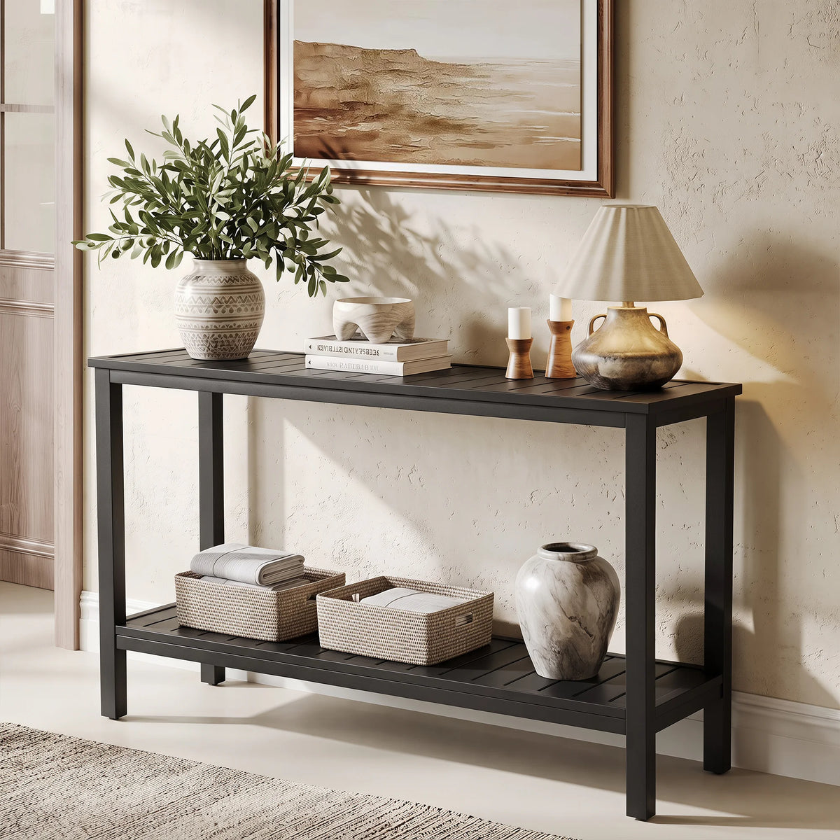 Black 2‑tier aluminum console table, modern slat design for entryway hallway indoor home decor