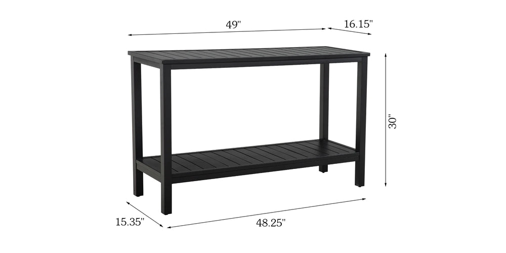 Dimension diagram for Saporta console table showing length of 49 inches, width of 16.15 inches, height of 30 inches, and shelf clearance details.