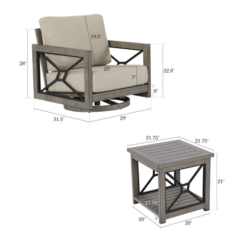 Marindo 3 Pieces Outdoor/Indoor Aluminum Bistro Set with Club Chairs , Sunbrella Cushions and Side Table