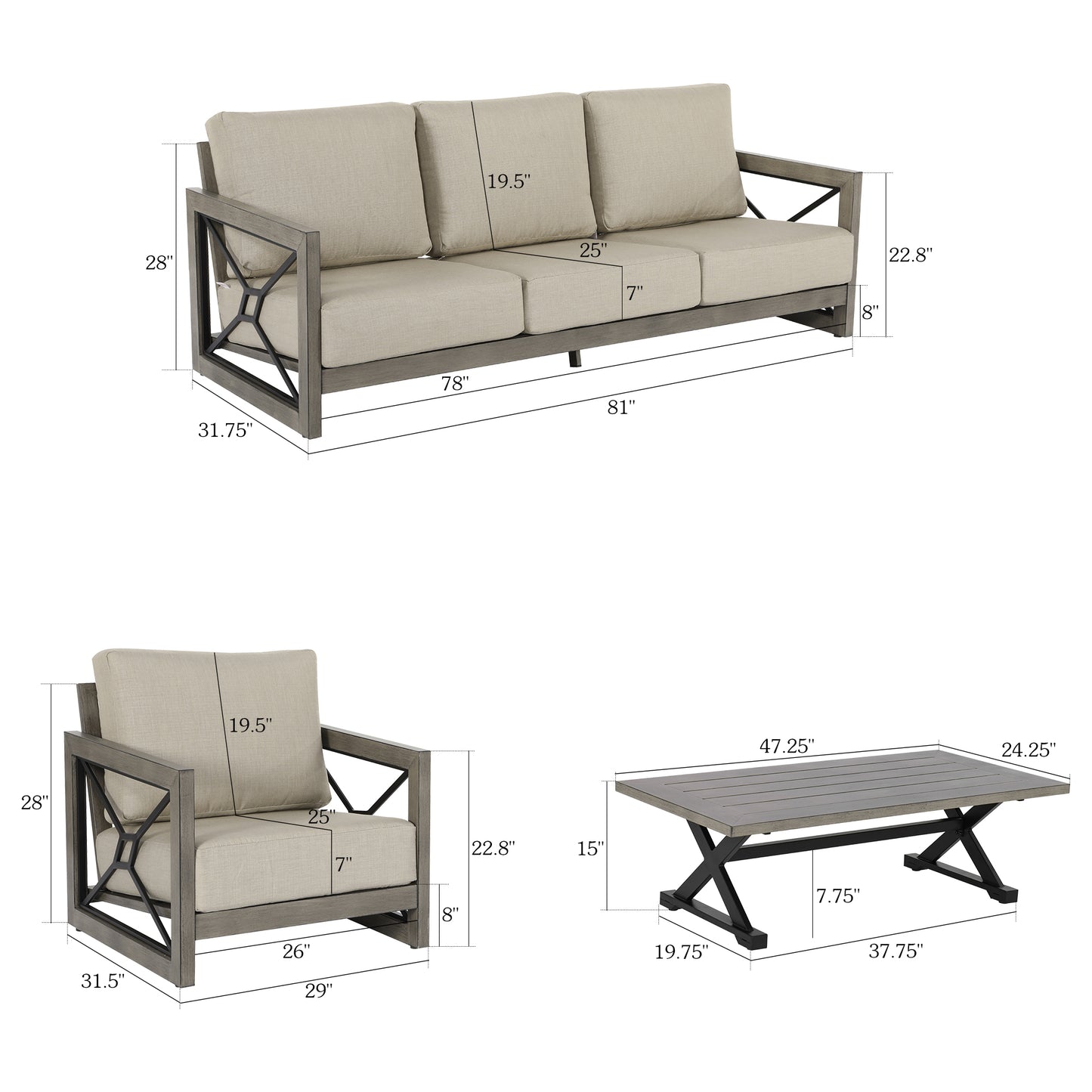 Marindo Patio 4 Pieces Aluminum Patio Conversation Set with Sunbrella® Cushions for 5 Person