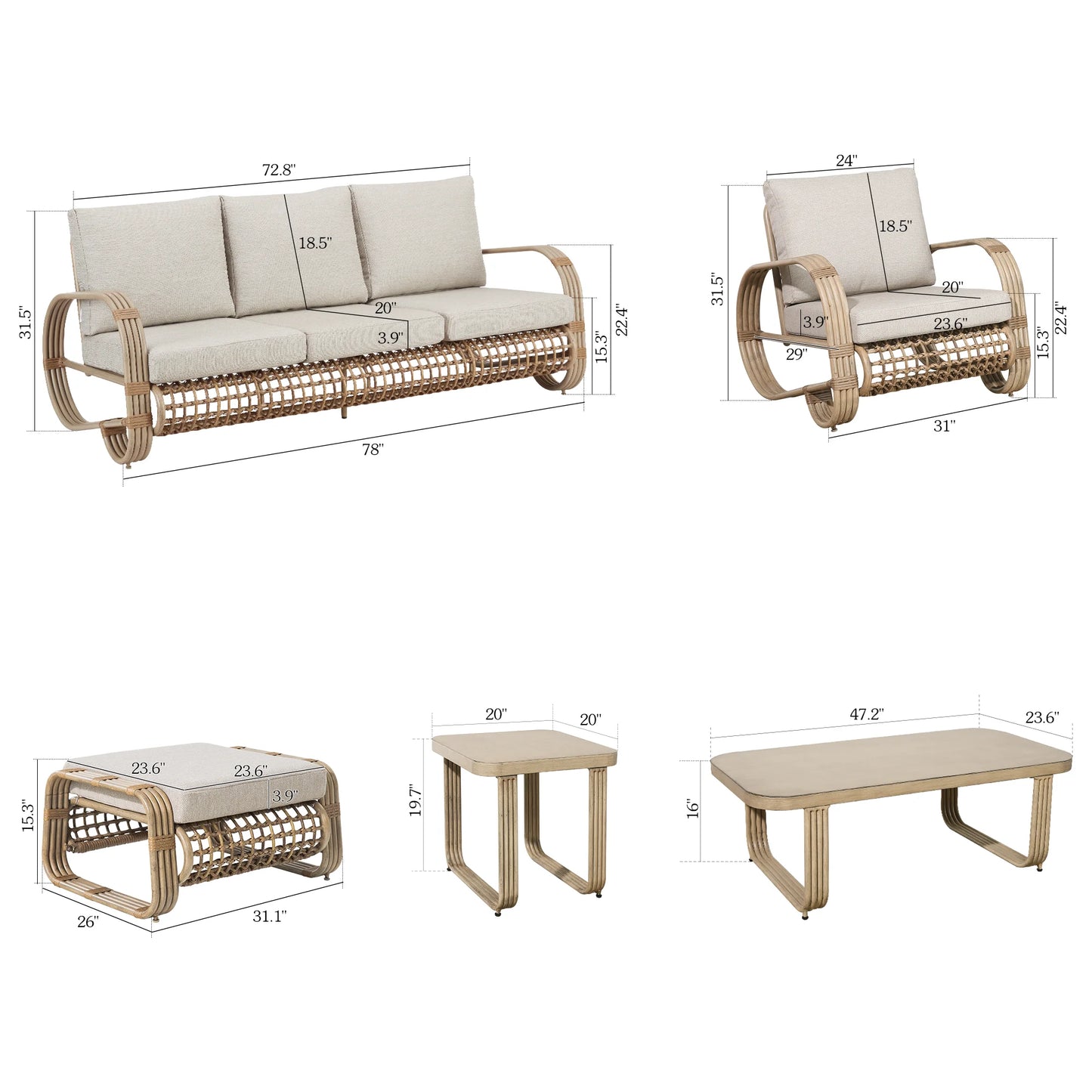 Arsterie 7 Pieces Aluminum Patio Furniture Sofa Sets With Ottoman