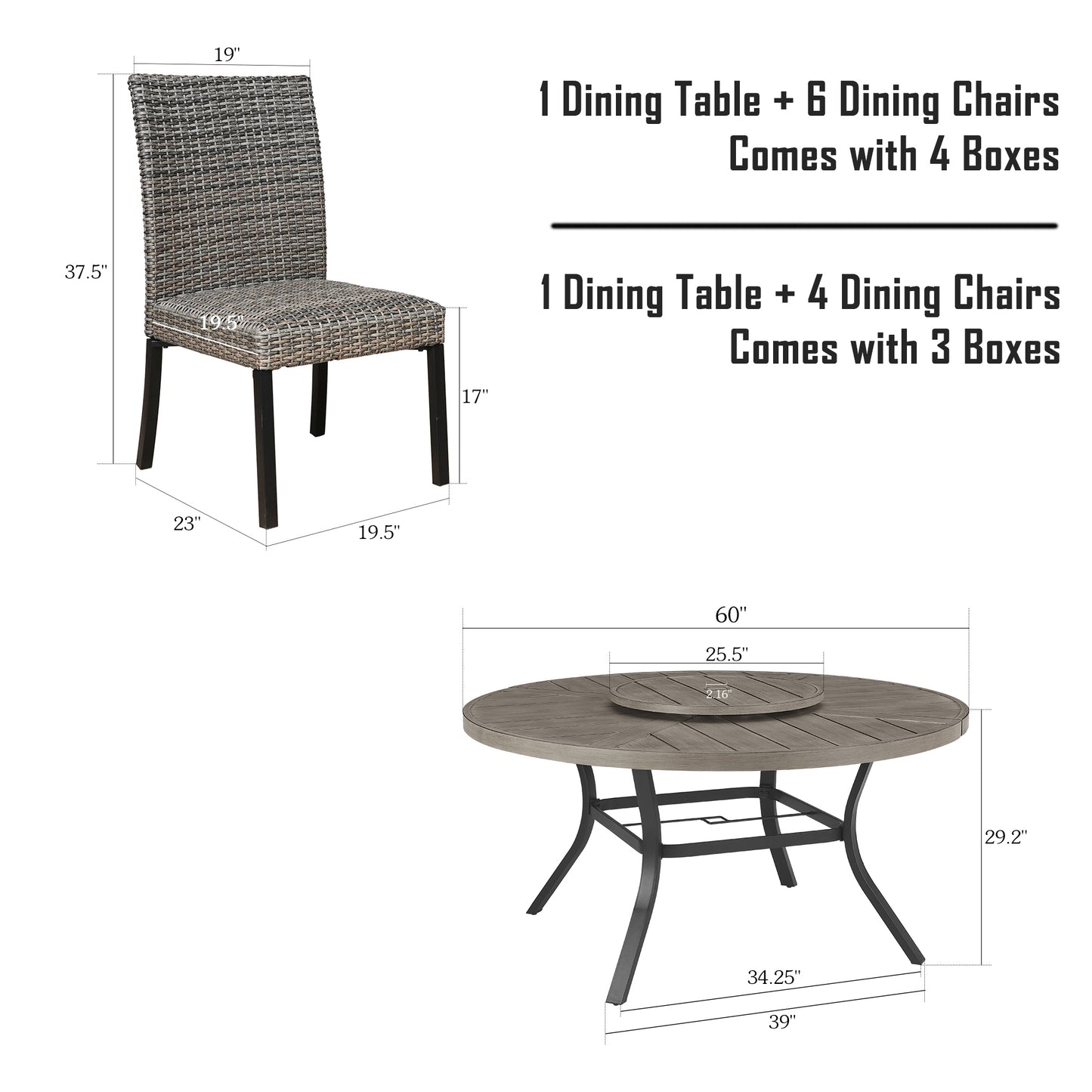 PEAKHOME Pavane Patio Round Dining Set With Lazy Susan and Quick-Drying Foam Chair