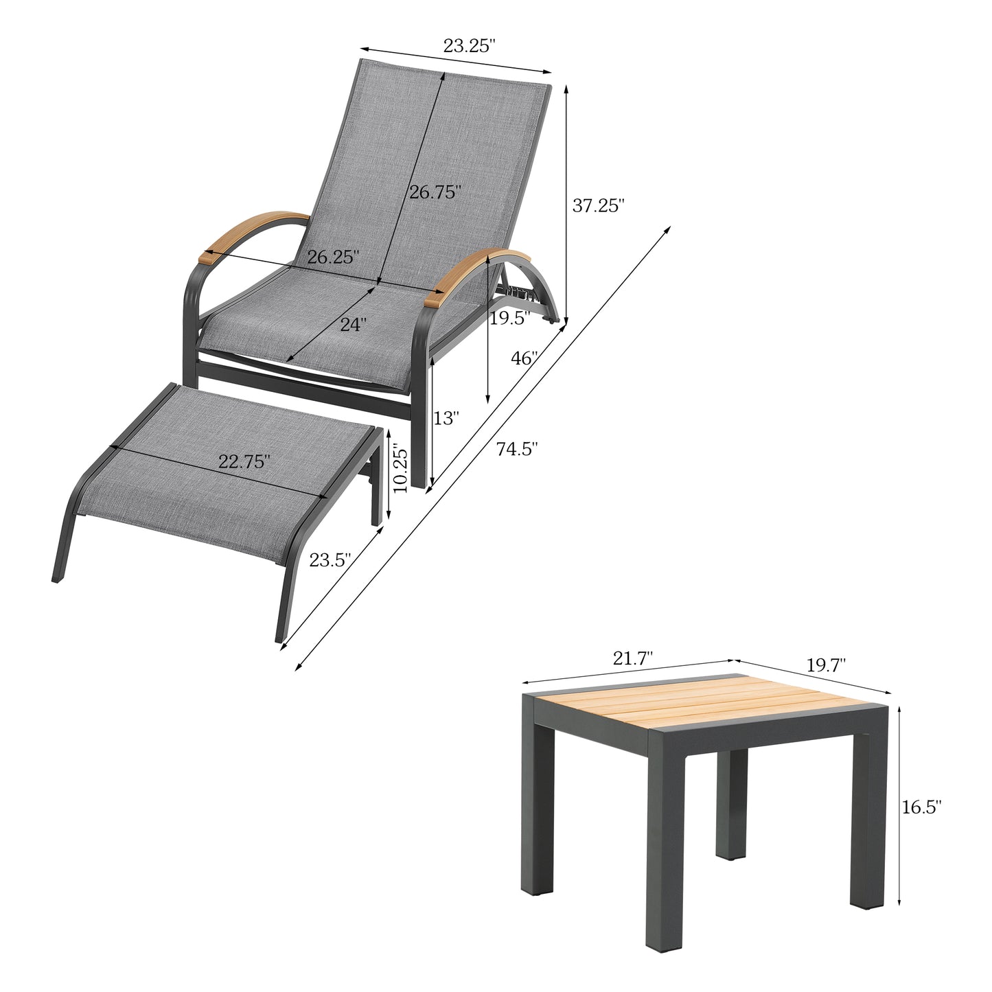Twinpal Aluminum Chaise Lounge Set With Ottomans, Phifertex® Sling Fabric And Teak Top Side Table