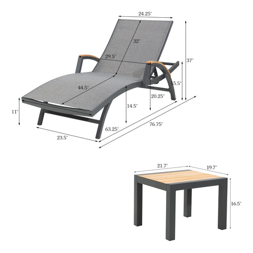 Chambray Patio Aluminum Armrest Chaise Lounge Chairs With Phifertex®  Sling Fabric And Teak Top Side Table