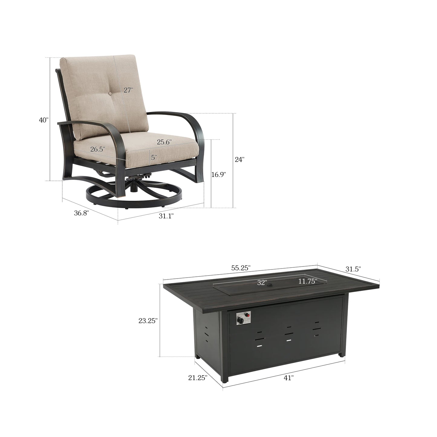 Chamber 4 Seat Patio Swivel Chair Sets With 56'' Fire Pit Table