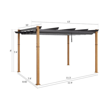 PATIO TREE 10Ft x 13Ft Patio Retractable Pergola with Sun Shade Canopy Patio Metal Shelter for Garden Pavilion Natural Wood Grain Frame Grill