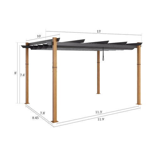 10Ft x 13Ft Patio Aluminum Retractable Pergola with UV-Proof Canopy, Natural Wood Grain