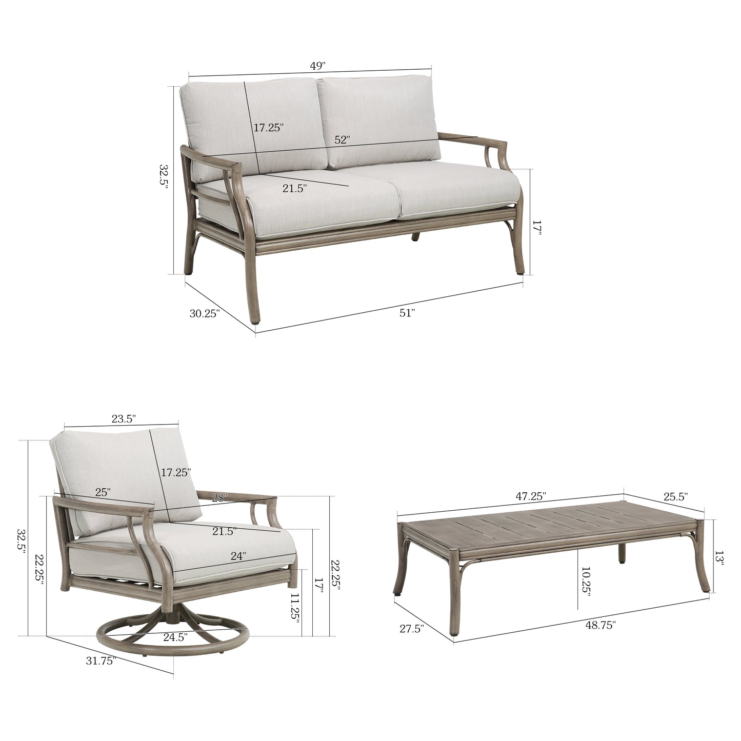 Lamando 4 Piece Aluminum Patio Furniture Sets with Olefin Cushions for 4 Person