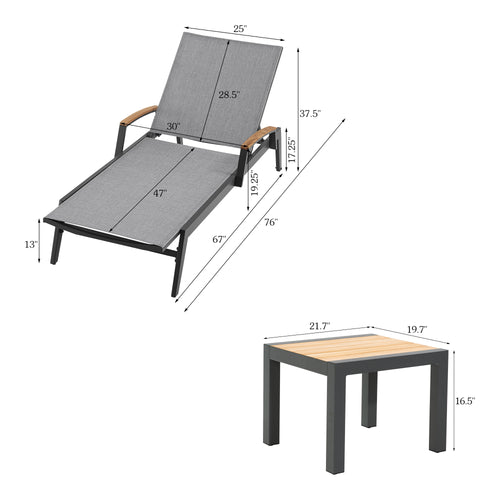 Canyon Patio Aluminum Chaise Lounge Set With Phifertex® Sling Fabric And Teak Top Side Table