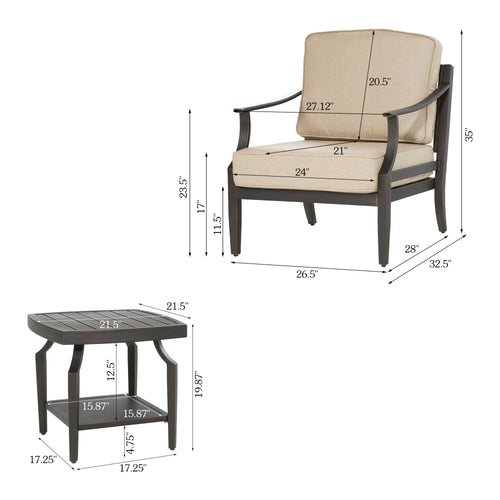 Tamarin 3 Pieces Aluminum Patio Club Conversation Seating Group With Sunbrella Cushions And Side Table