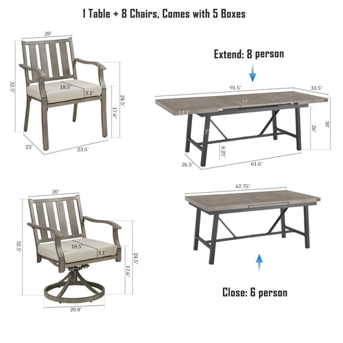 Azur Patio 8 Person Automatic Extendable Aluminum Dining Set With Sunbrella Cushions