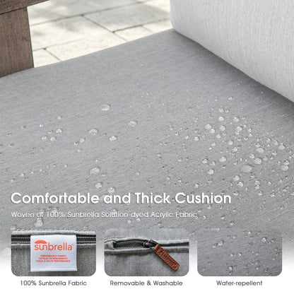 Graphic showing water drops beading on gray Sunbrella fabric with icons highlighting removable, washable, and weather-resistant features.