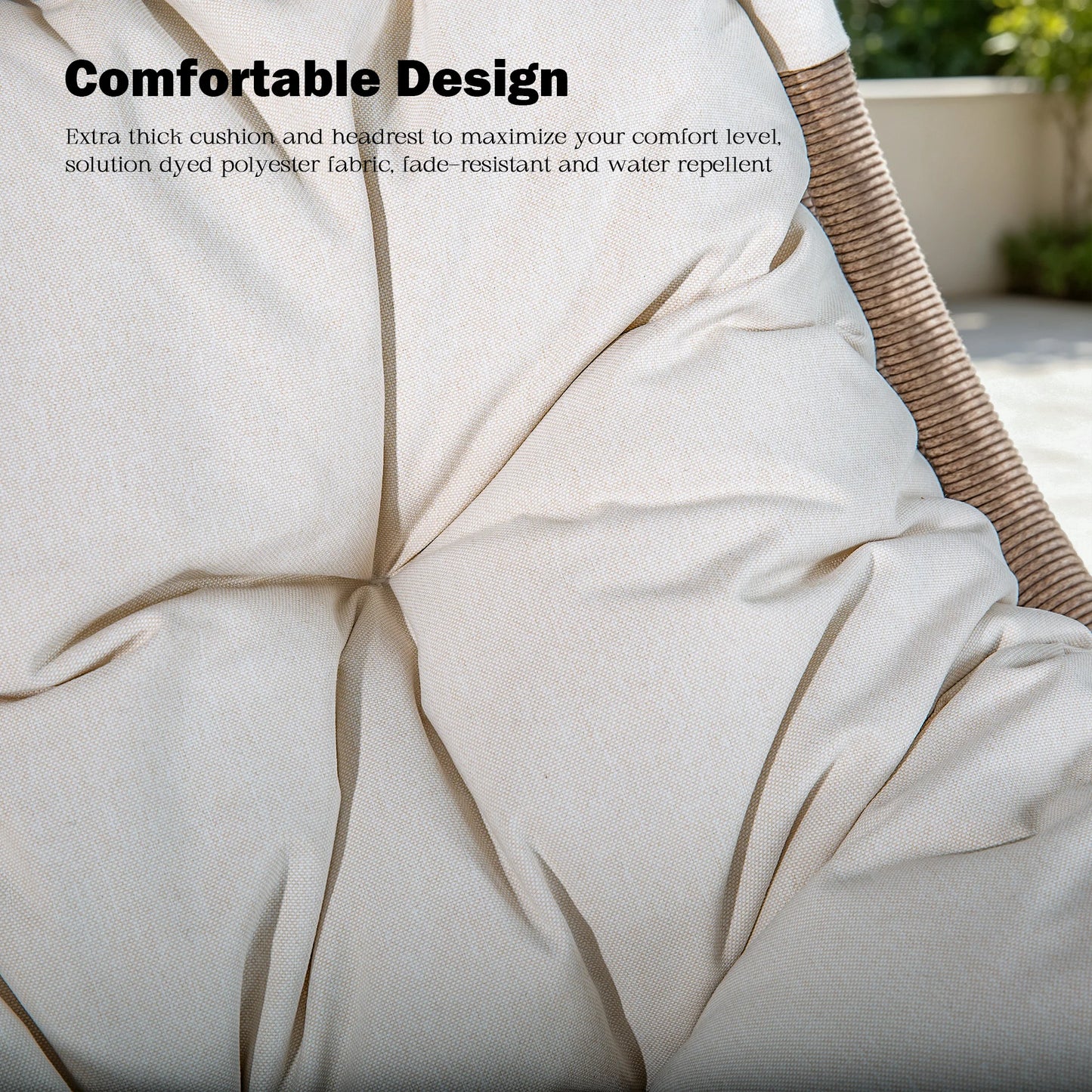 Close-up of a beige padded cushion with stitched channels and a wicker chair arm visible at the right edge, about comfortable design and durable fabric.