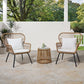 3-Piece Patio Wicker Bistro Set Outdoor Round Tempered Glass Top Table and Conversation Rattan Chairs with White Cushions