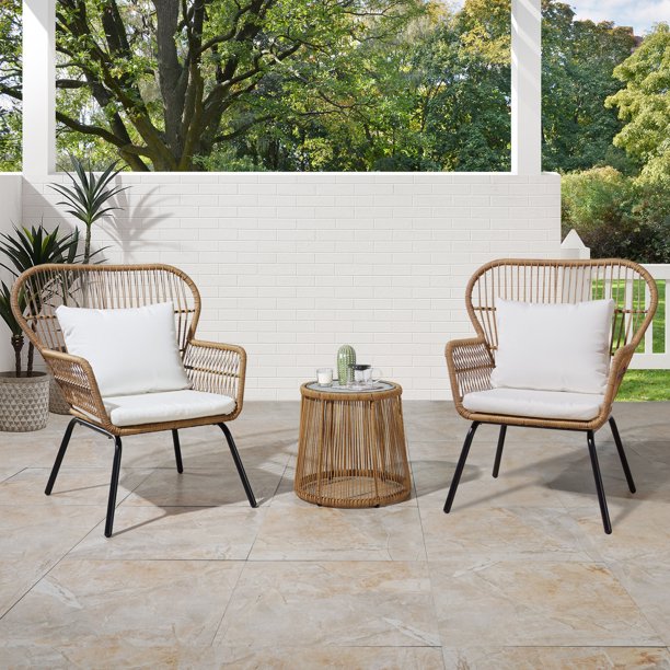 3-Piece Patio Wicker Bistro Set Outdoor Round Tempered Glass Top Table and Conversation Rattan Chairs with White Cushions