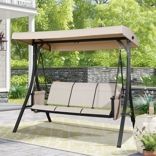 3-Seater Outdoor Porch Swing Steel Frame with UV-Resistant Polyester Adjustable Canopy Patio Swing Chair Bench (Beige)