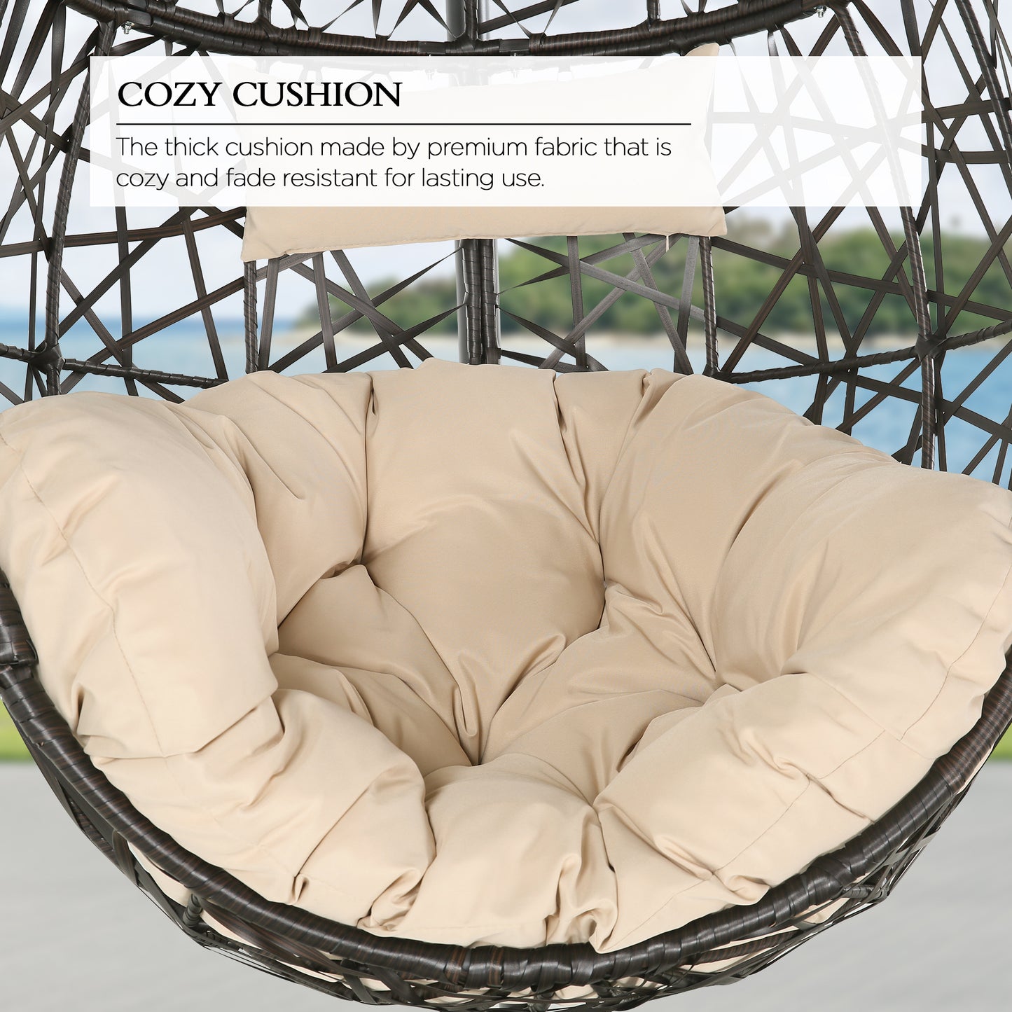 Patio Outdoor Indoor Rattan Hanging Basket Swing Chair with Stand and Cushion, Beige