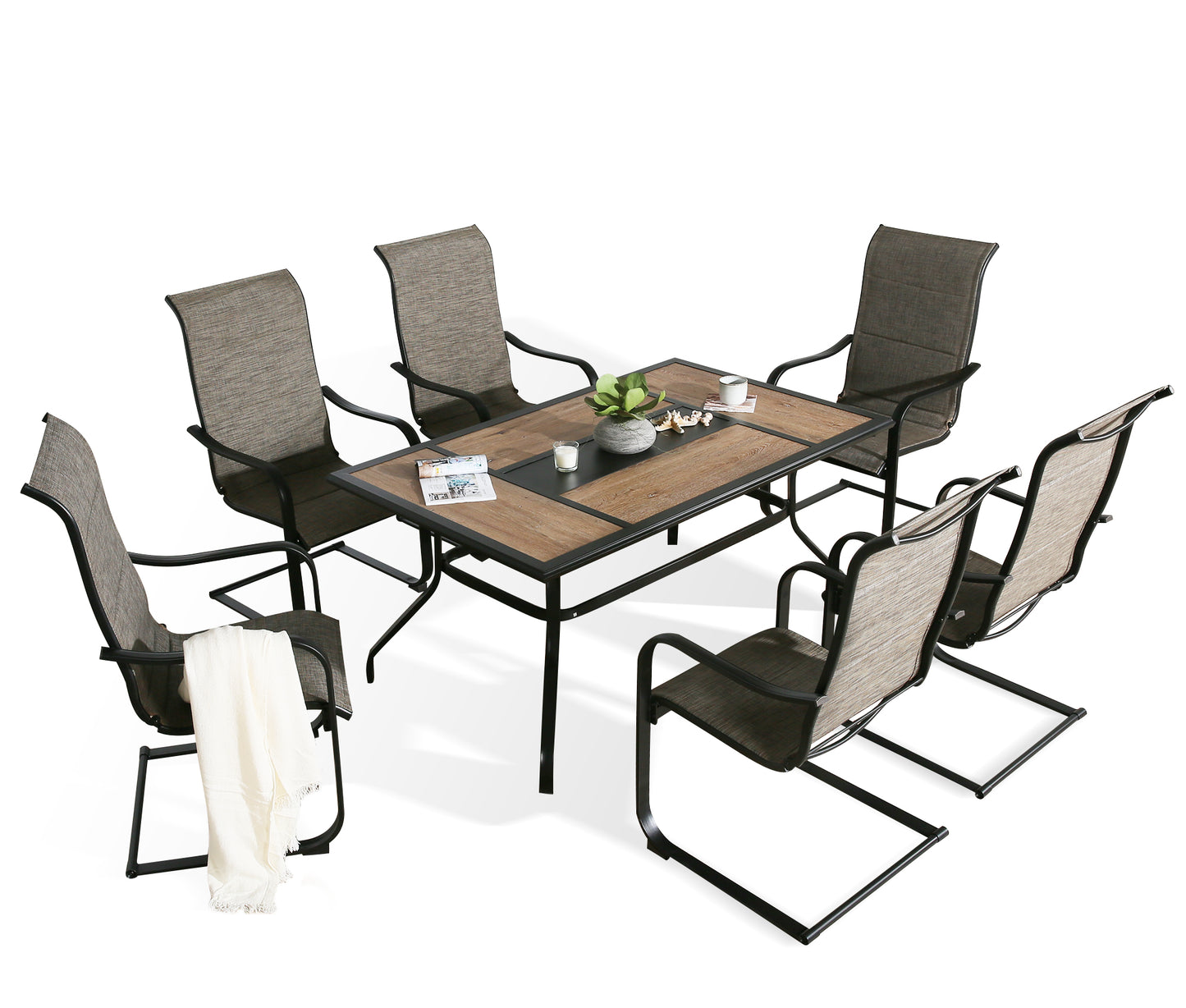7 Piece Outdoor Dining Set Patio Furniture Dining Set with Metal Spring Motion Chairs and Garden Table