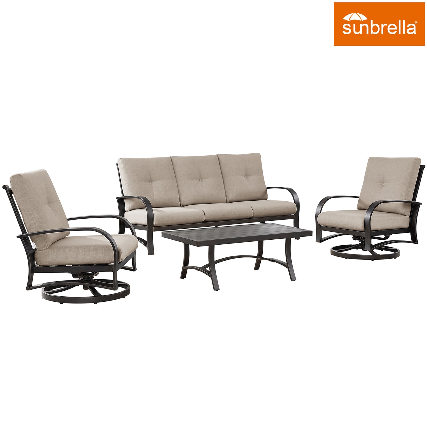 4 Pieces Outdoor Aluminum Patio Conversation Seating Group, Indoor Swivel Chairs with Sunbrella Cusions and Coffee Table for 5 Person