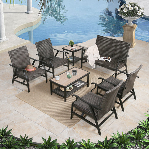 Pavane 7-Piece Indoor Outdoor Wicker Padded Conversation Set Patio Rattan Furniture Set with 4 Motion Rocking Armchairs, 1 Loveseat, 1 Alucobond Coffee Table and 1 Side Table for 6 Persons