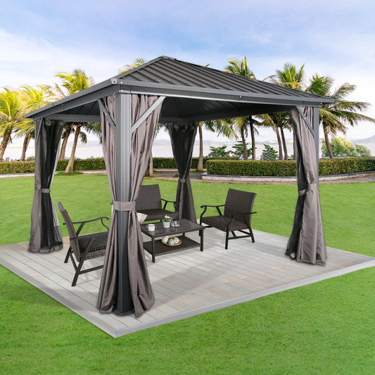 10Ft x 10Ft Patio Hardtop Gazebo Outdoor Aluminum Pergola with Galvanized Steel Roof Canopy, Polyester Curtain and Mosquito Net