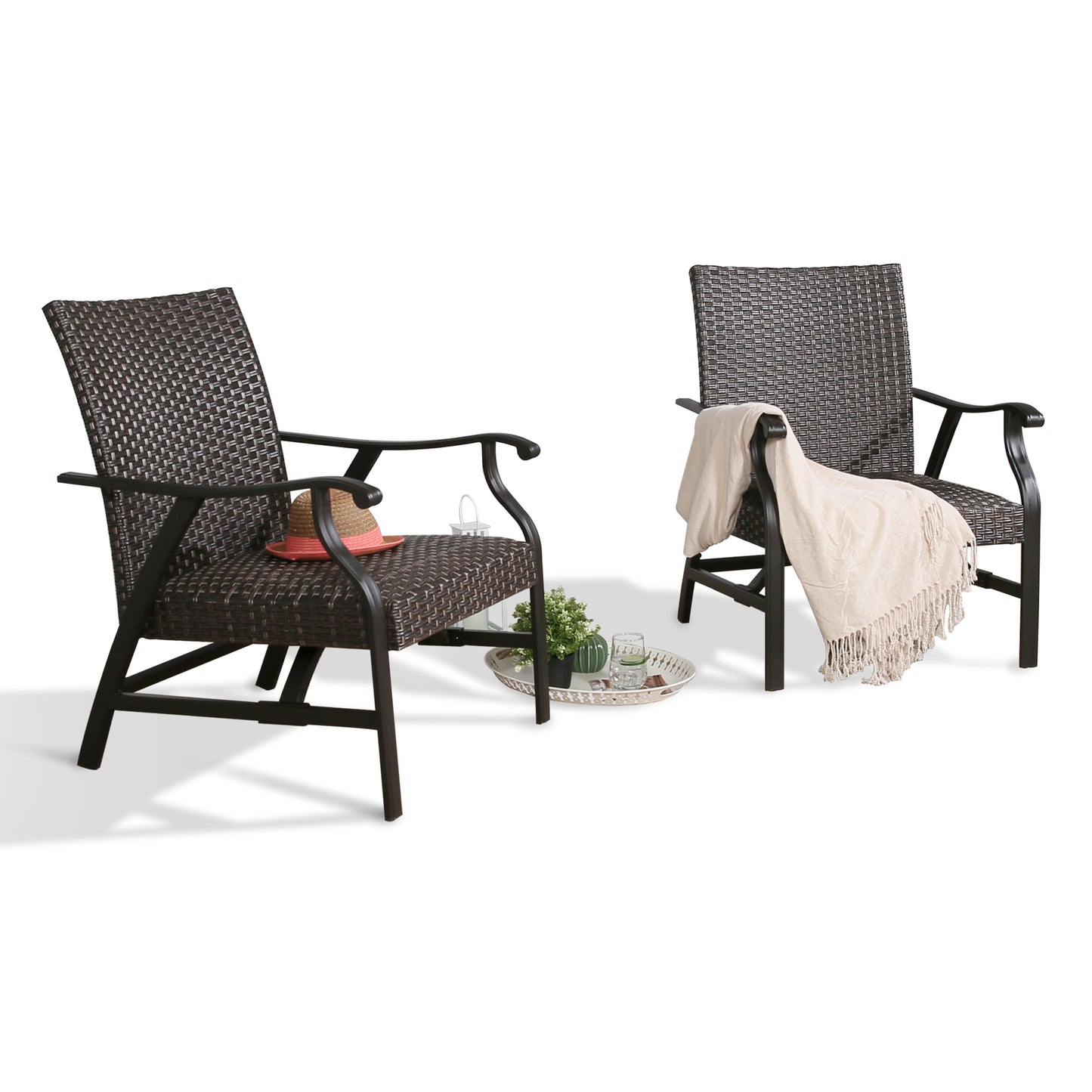 Outdoor Wicker Chairs Patio Wicker Padded Rocking Motion Conversation Chair for Poolside, Garden, Porch, Set of 2