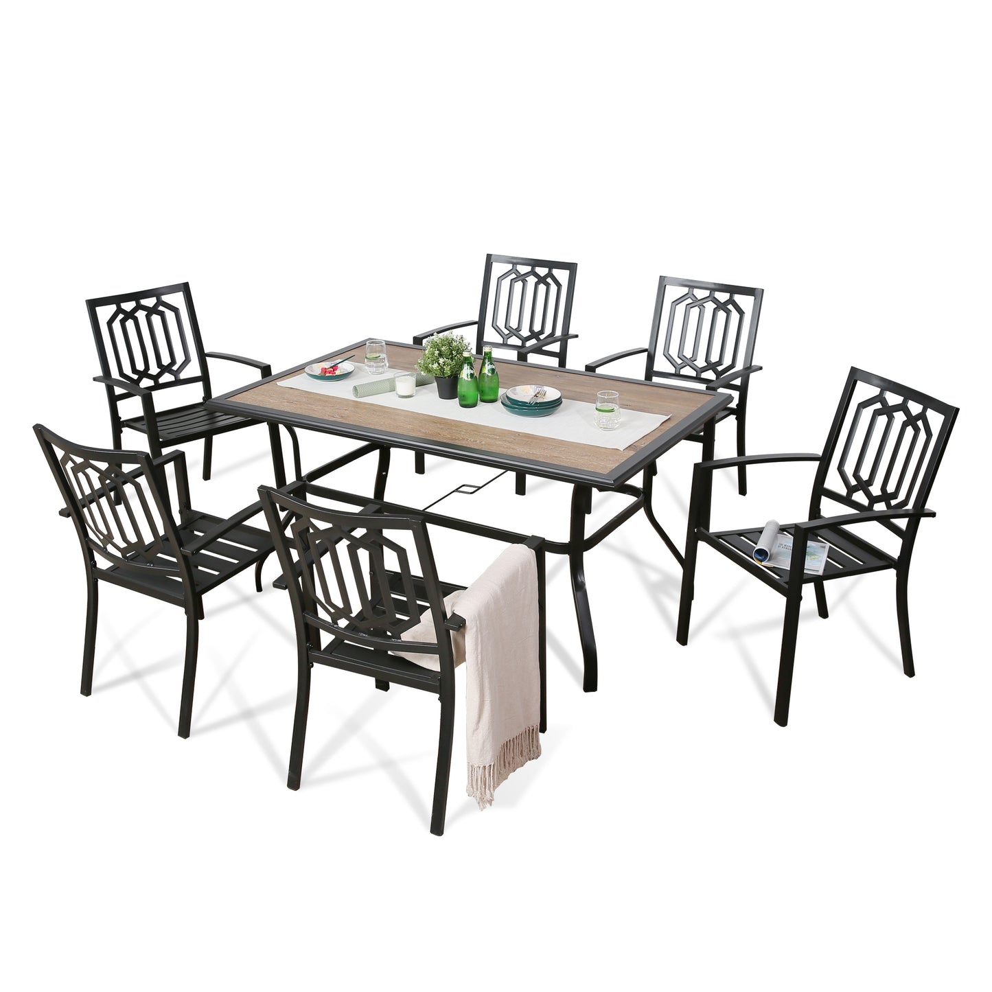 7 Piece Outdoor Dining Set Patio Furniture Dining Table Set with 6 Metal Dining Chairs and 1 Rectangular Garden Dining Table