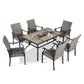 6-Person 60” Long Patio Outdoor Metal Dining Set with 6 Wicker Padded Armchairs and 1 Rectangular Wood-Like Table with Umbrella Hole
