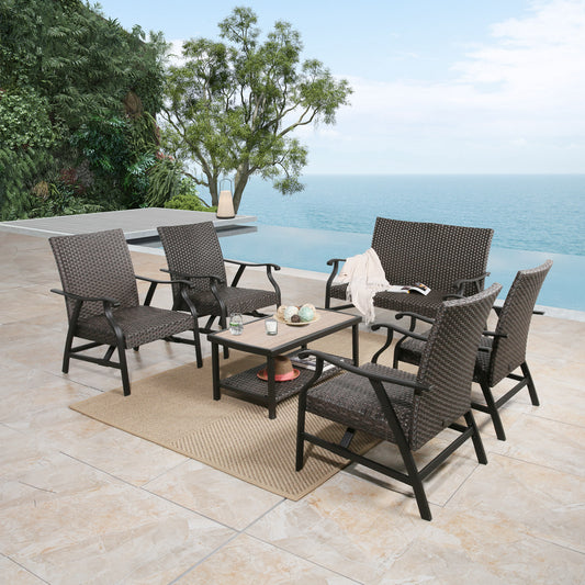 6-Piece Indoor Outdoor Wicker Padded Conversation Set Patio Rattan Furniture Set with 4 Motion Rocking Armchairs, 1 Loveseat and 1 Alucobond Coffee Table for 6 Persons