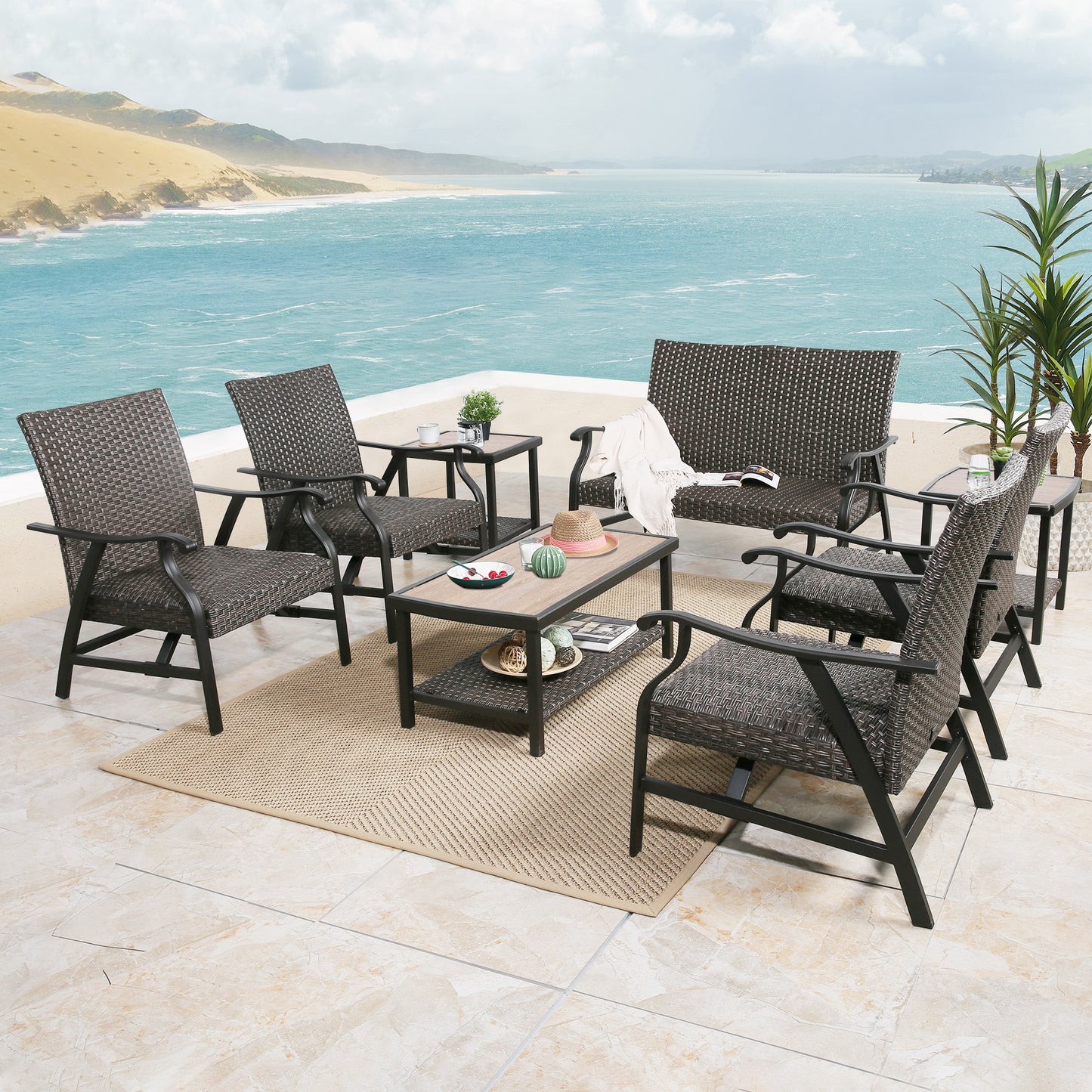 8-Piece Indoor Outdoor Wicker Padded Conversation Set Patio Rattan Furniture Set with 4 Motion Rocking Armchairs, 1 Loveseat, 1 Alucobond Coffee Table and 2 Side Table for 6 Persons