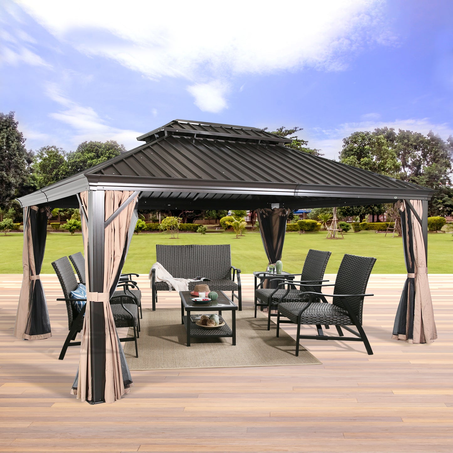 12Ft x 16Ft Patio Hardtop Gazebo Outdoor Aluminum Pergola with Galvanized Steel Roof Canopy, Polyester Curtain and Mosquito Net