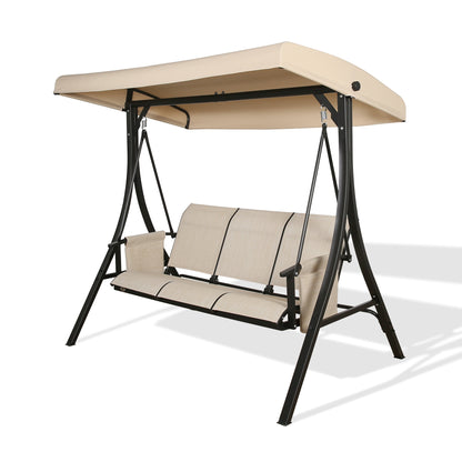 Peak Home Furnishings 3-Seater Outdoor Porch Swing Chair Bench with UV-Resistant Polyester Adjustable Canopy (Beige)