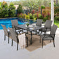 6-Person 60” Long Patio Metal Dining Set Outdoor Indoor 6 Wicker Padded Armchairs and 1 Rectangular Slat Table with Umbrella Hole