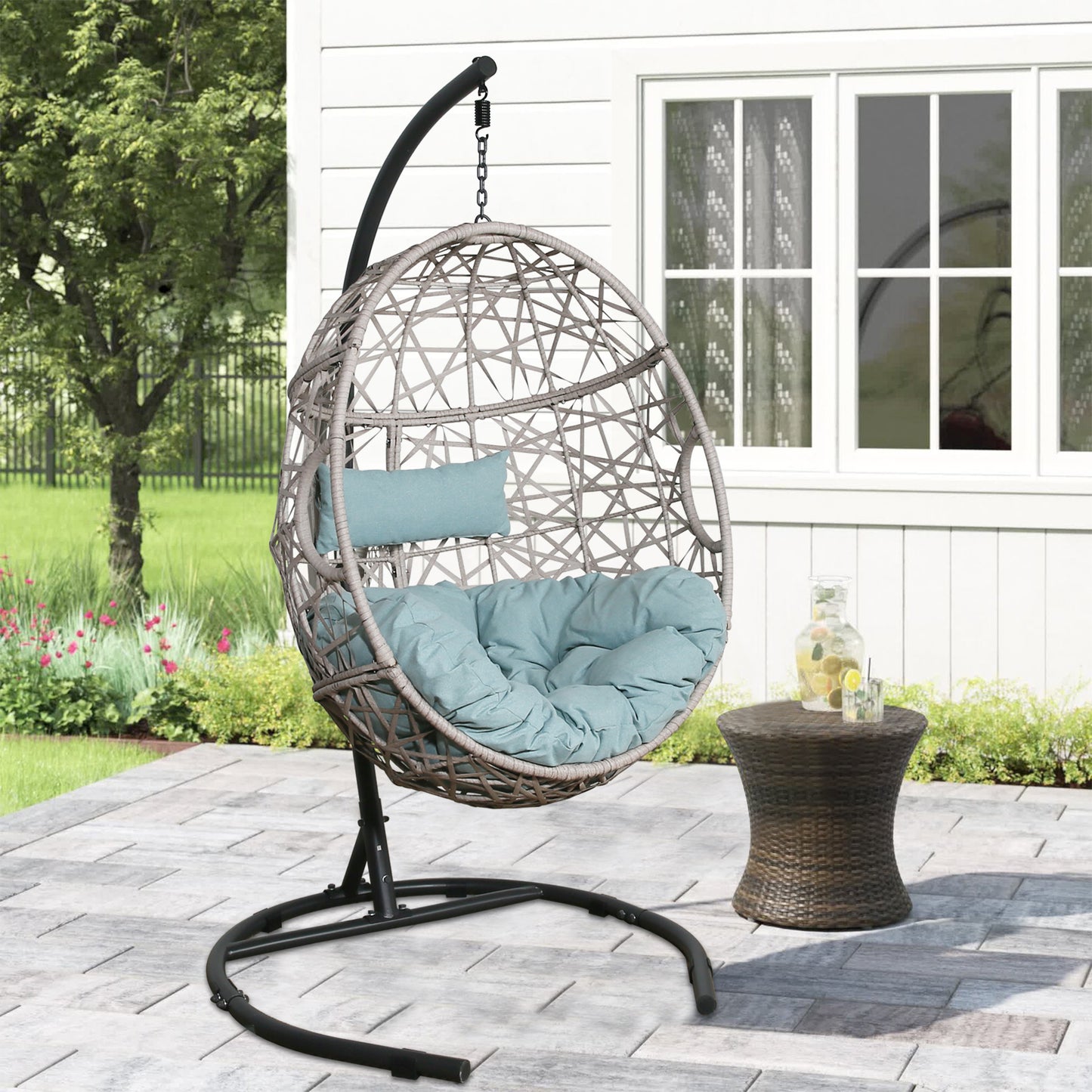 Outdoor Patio Wicker Hanging Basket Swing Chair Tear Drop Egg Chair with Cushion and Stand (Blue)