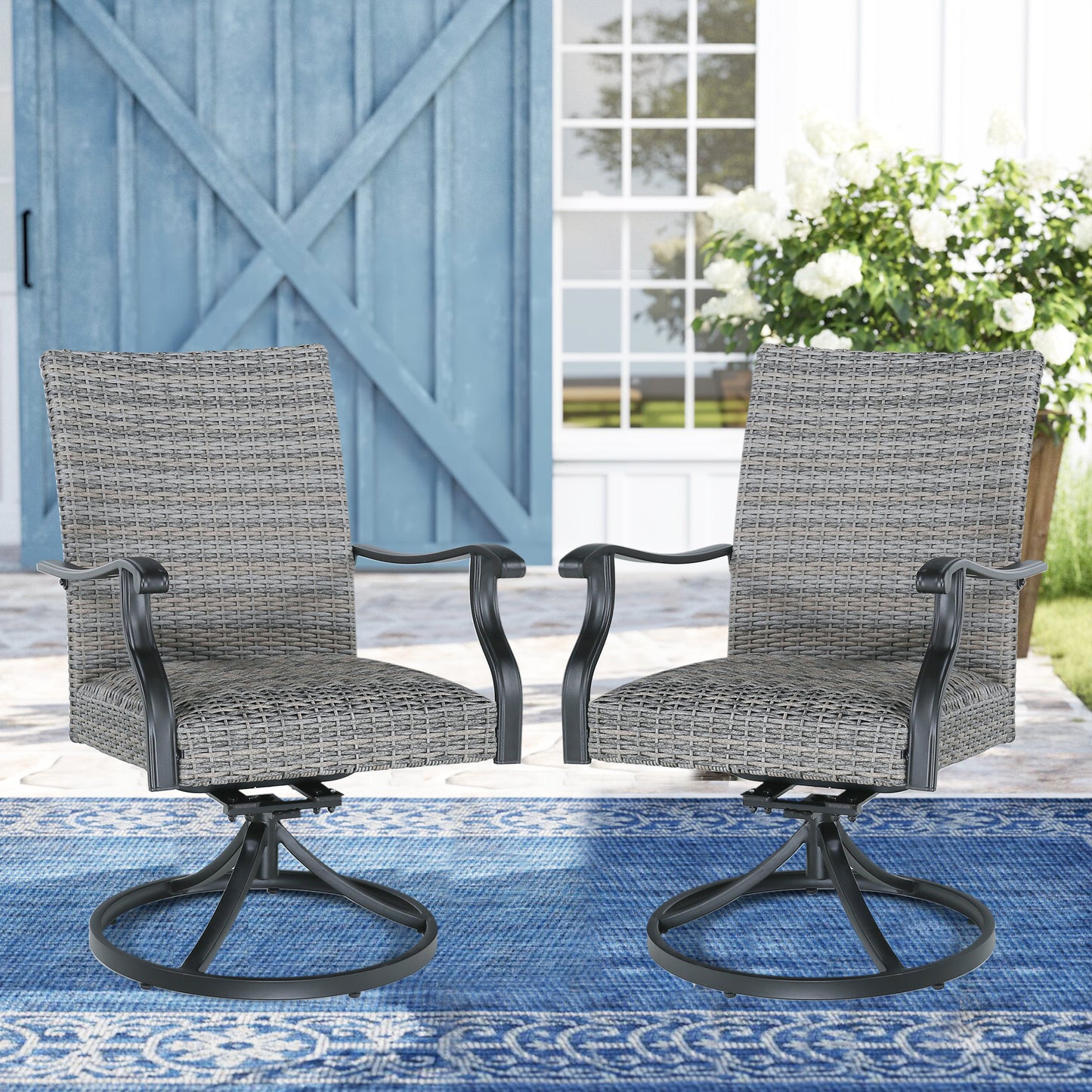 2 Pieces Patio Rattan Swivel Dining Chairs Outdoor Metal Wicker Bistro Chairs Padded with Quick Dry Foam