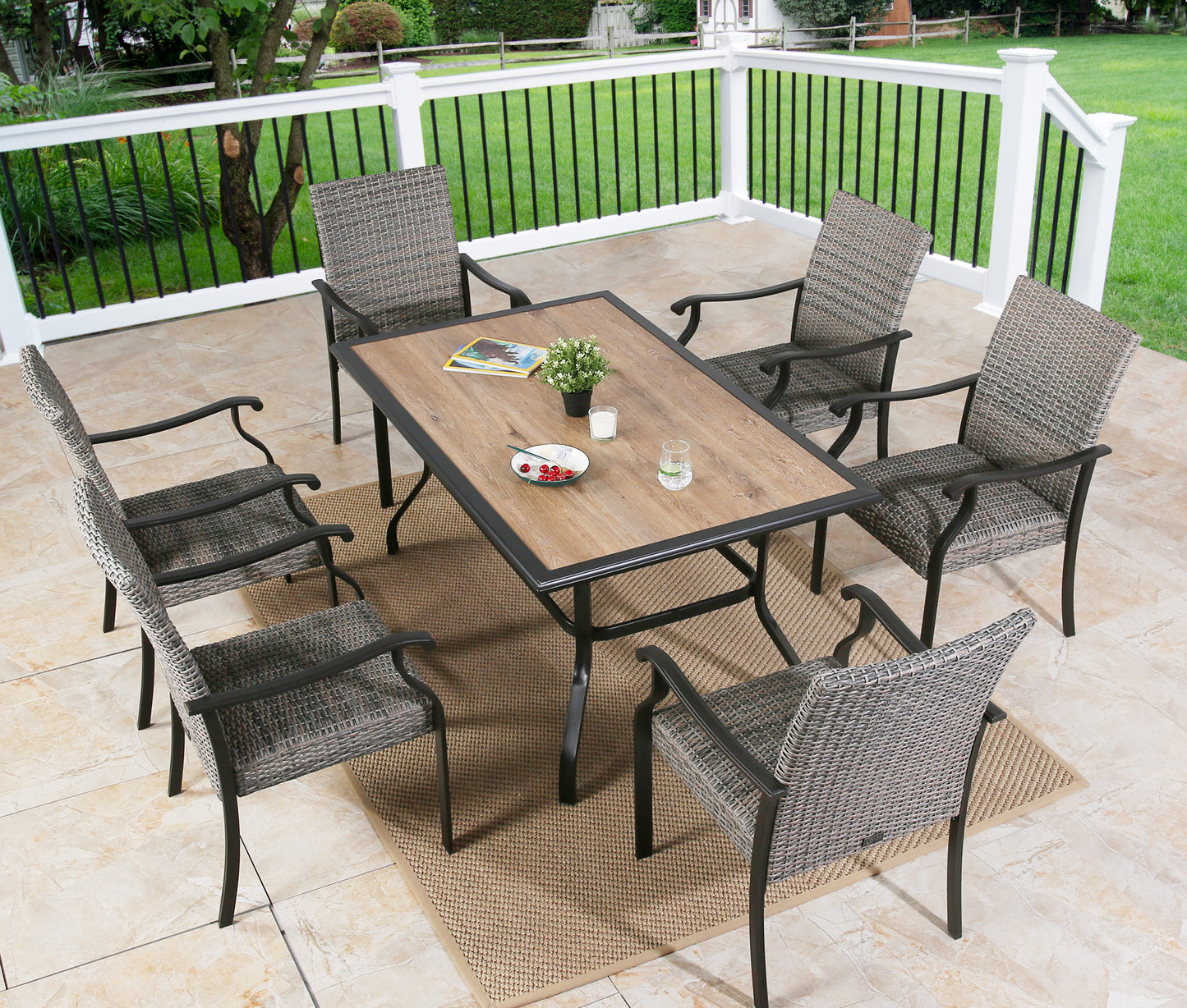 7 Piece Outdoor Dining Set Patio Wicker Furniture Dining Table Set with 6 Padded Dining Chairs and 1 Rectangular Garden Dining Table