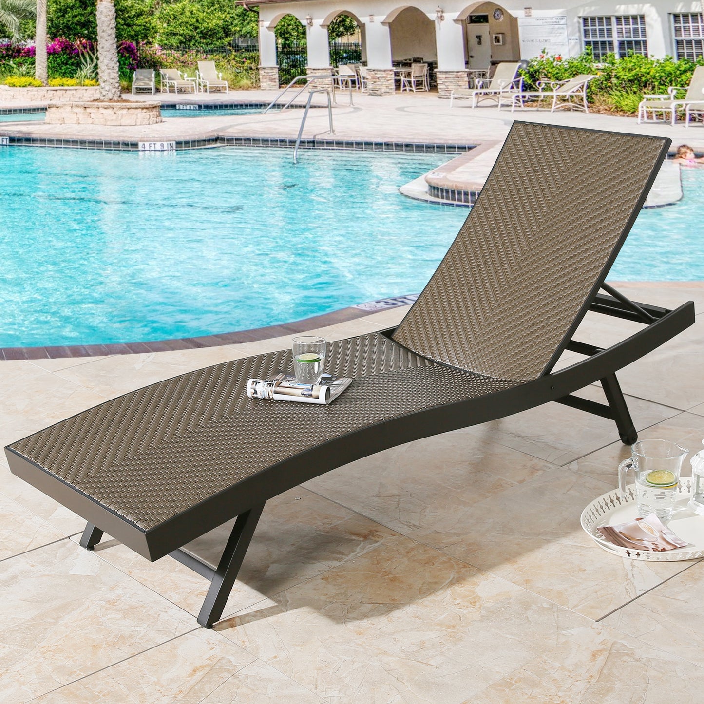 Outdoor Wicker Chaise Lounge Patio Adjustable Reclining Chaise Lounge Chair with Wheels (1 Pack)