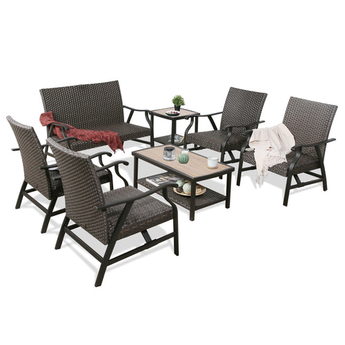 Pavane 7-Piece Indoor Outdoor Wicker Padded Conversation Set Patio Rattan Furniture Set with 4 Motion Rocking Armchairs, 1 Loveseat, 1 Alucobond Coffee Table and 1 Side Table for 6 Persons