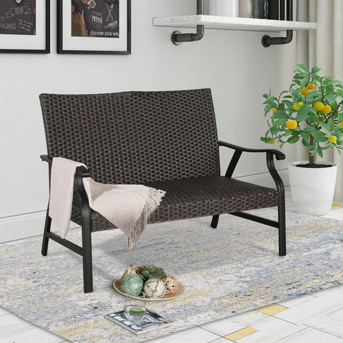Pavane Patio Wicker Padded Loveseat Chair Indoor Outdoor Metal Bench Sofa with Quick Dry Foam