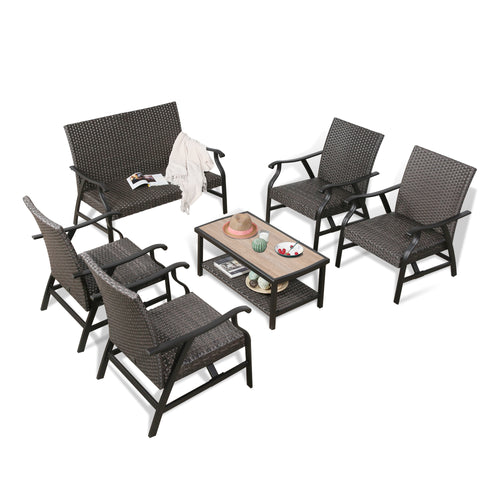 Pavane 6-Piece Indoor Outdoor Wicker Padded Conversation Set Patio Rattan Furniture Set with 4 Motion Rocking Armchairs, 1 Loveseat and 1 Alucobond Coffee Table for 6 Persons