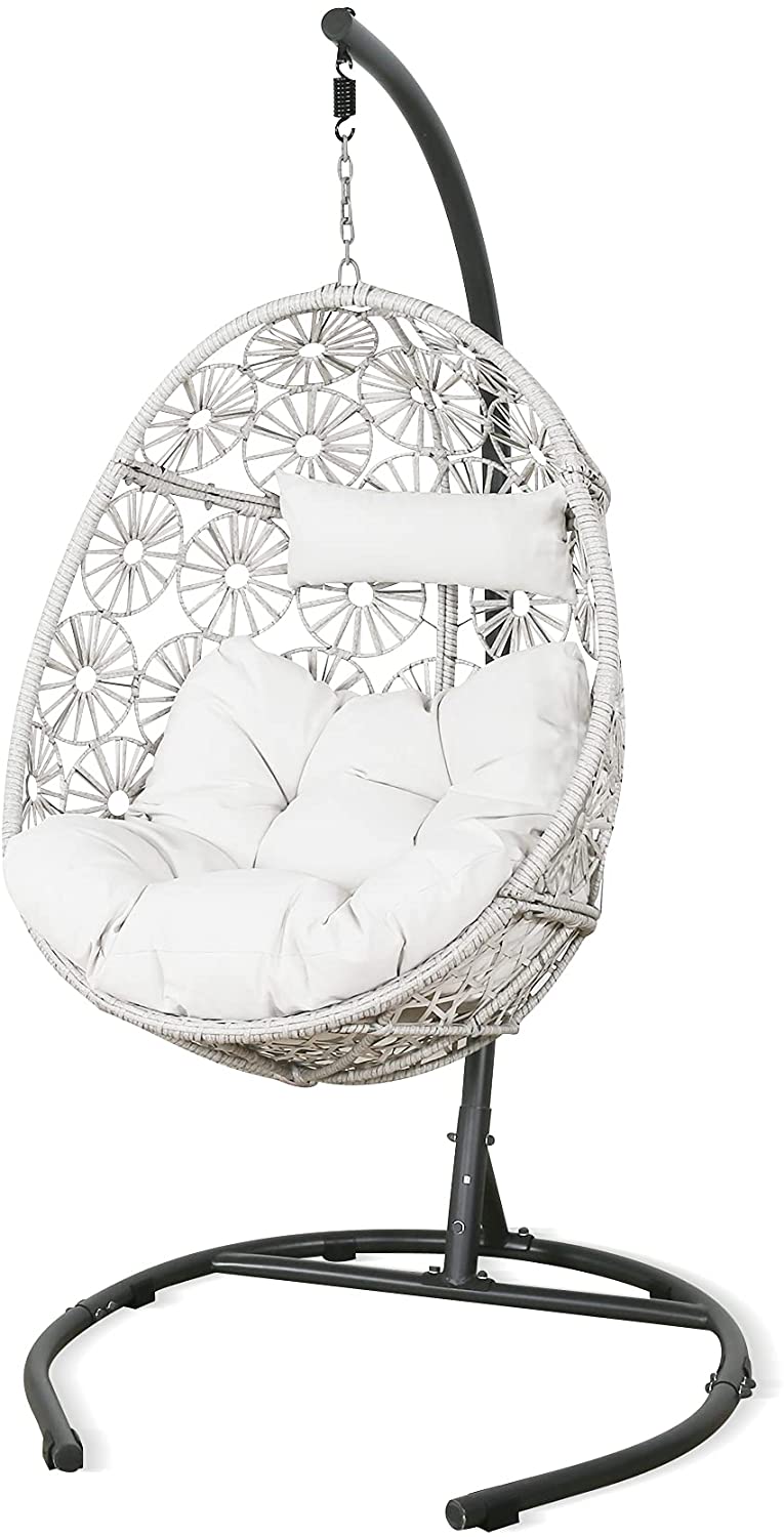 Outdoor Patio Wicker Hanging Basket Swing Chair Tear Drop Egg Chair with Cushion with Stand (Beige)