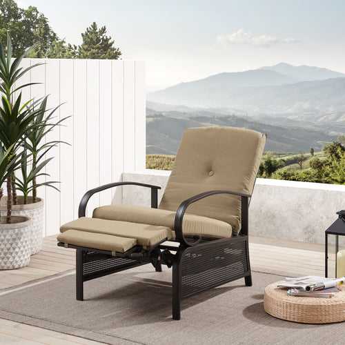 Patio Recliner Chair Automatic Adjustable Back Outdoor Lounge Recliner Chair with 100% Olefin Cushion (Beige)