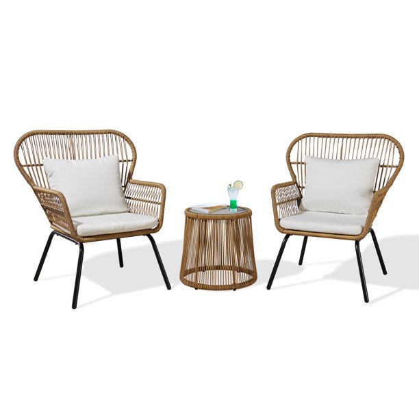 3-Piece Patio Wicker Bistro Set Outdoor Round Tempered Glass Top Table and Conversation Rattan Chairs with White Cushions