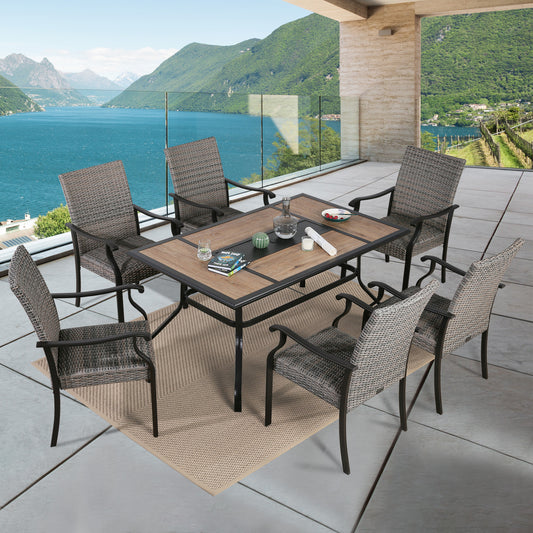 6-Person 60” Long Patio Outdoor Metal Dining Set with 6 Wicker Padded Armchairs and 1 Rectangular Wood-Like Table with Umbrella Hole
