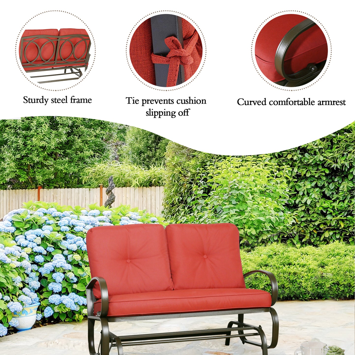 Patio Glider Bench Loveseat Outdoor Cushioed 2 Person Rocking Seating Patio Swing Chair, Red
