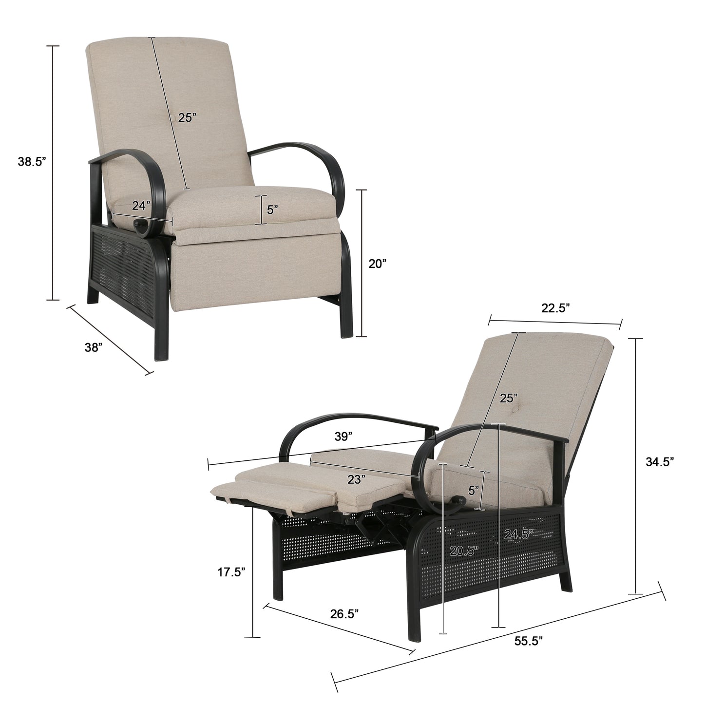 Patio Recliner Chair Automatic Adjustable Back Outdoor Lounge Recliner Chair with 100% Olefin Cushion (Sailcloth Beige)
